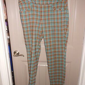 Cato Brown & Turquoise Plaid Ankle Pants, Size 16, Mid Rise